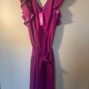 Lilly Pulitzer Magenta Ruffle Sleeve V-Neck Jumpsuit with Tie Waist